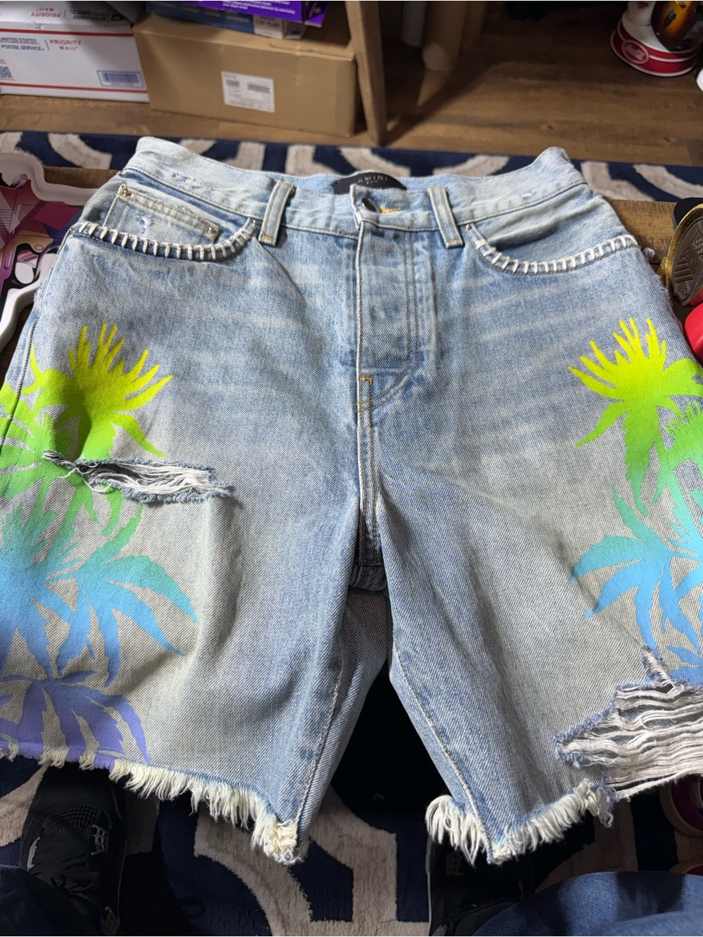 Amiri size 28 Light Wash Denim Cutoff Shorts with Neon Palm Print